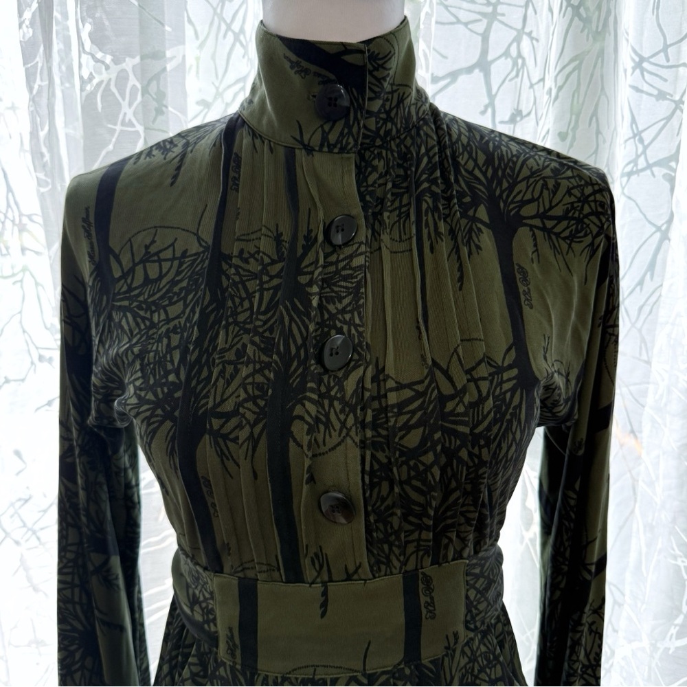 MARA HOFFMAN GREEN BLACK FOREST TREE PRINT SILK LONG SLEEVE WAIST BELT DRESS - Picture 3 of 13